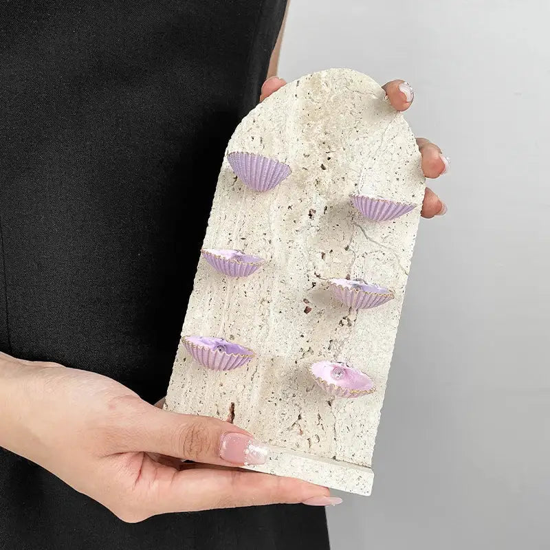 Textured off-white stone plaque jewelry organizer by DecorBites abalone shell with lavender seashell embellishments