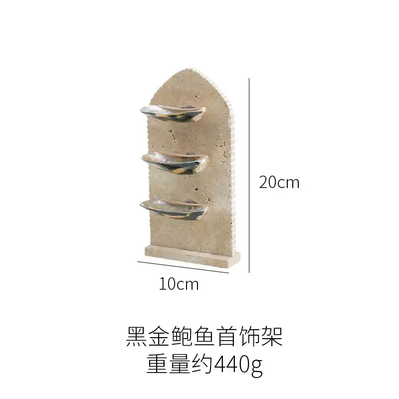 Beige stone decorbites abalone shell jewelry organizer with three black gold metallic shelves for rings earrings bracelets