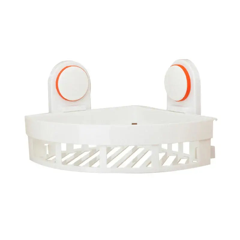 White plastic decorbites abs bathroom shelf with orange suction cup mounts and slatted base for corner mounting