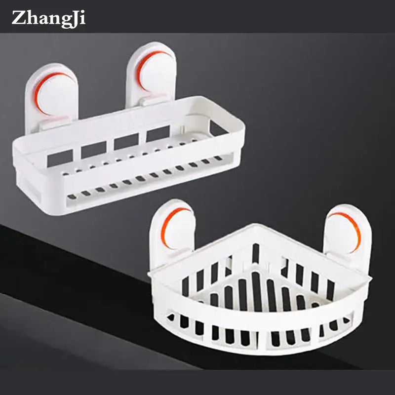 DecorBites™ ABS bathroom shelf with white plastic slatted design and orange-accented suction cups for wall mounting