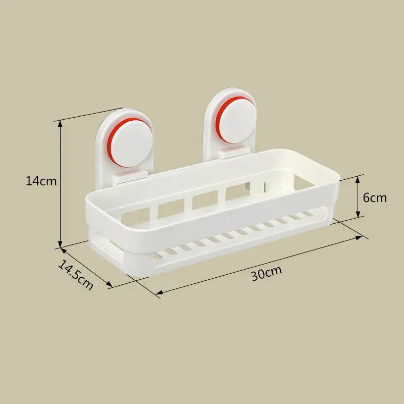White plastic wall-mounted DecorBites ABS bathroom shelf with two suction cup holders and red circular accents for shower use