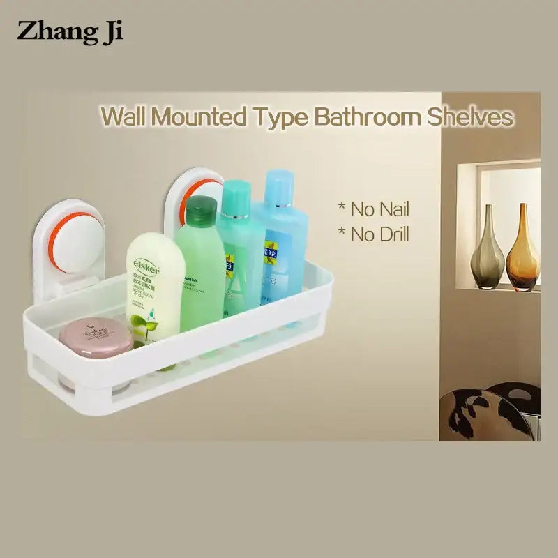 White plastic decorbites abs bathroom shelf with orange suction cups for easy wall-mounted attachment in shower corner