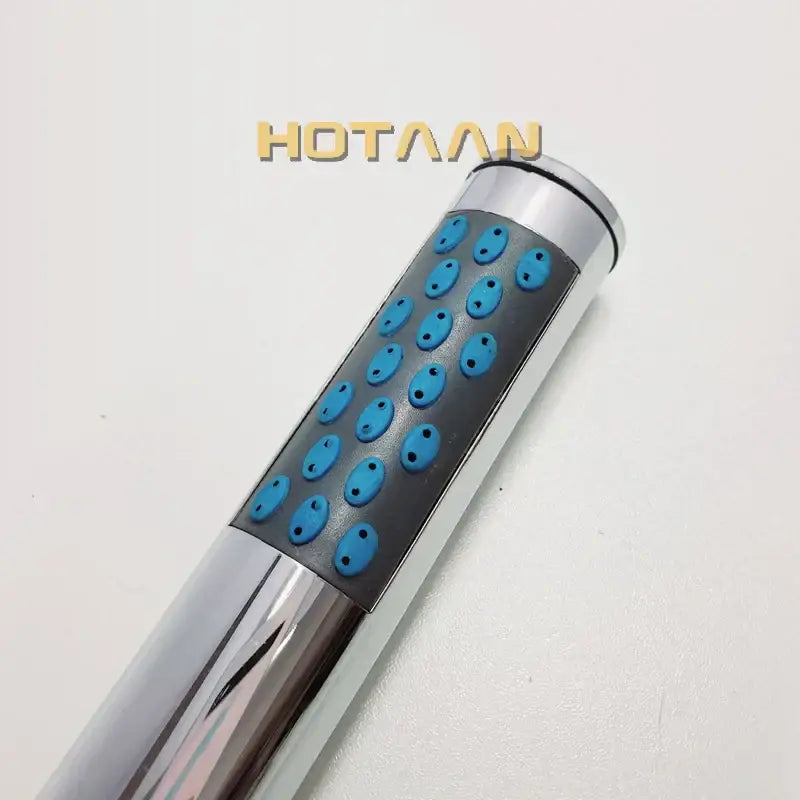 Chrome finished decorbites abs chrome shower head with black grip and blue textured buttons for water saving use