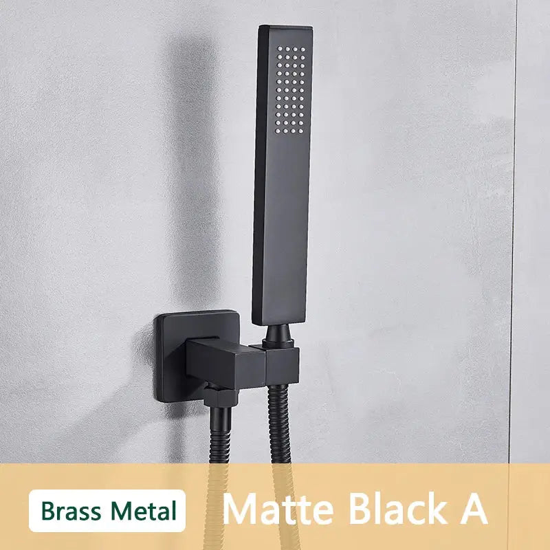 Matte black decorbites abs plastic hand shower with brass finish rectangular showerhead and perforated spray pattern
