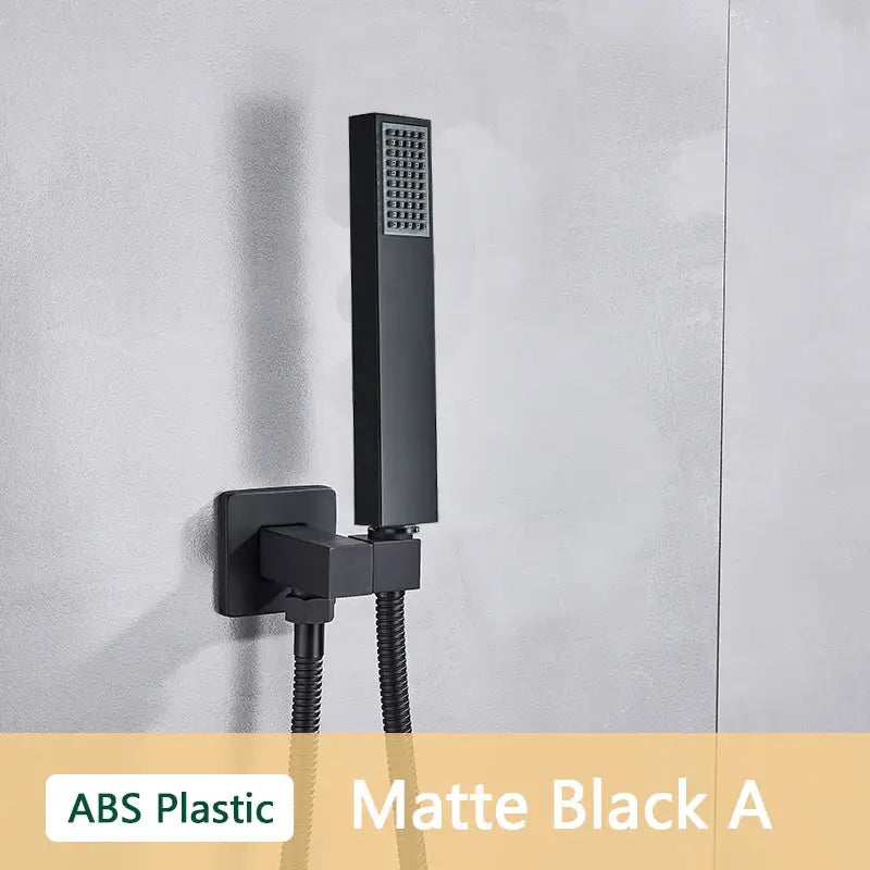 Matte black rectangular abs plastic hand shower head with grid nozzles mounted on decorbites abs plastic wall bracket