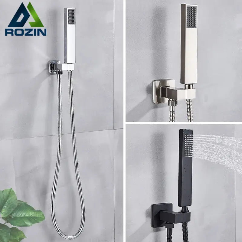 Modern rectangular decorbites abs plastic hand shower with brushed nickel matte black finishes and integrated hose