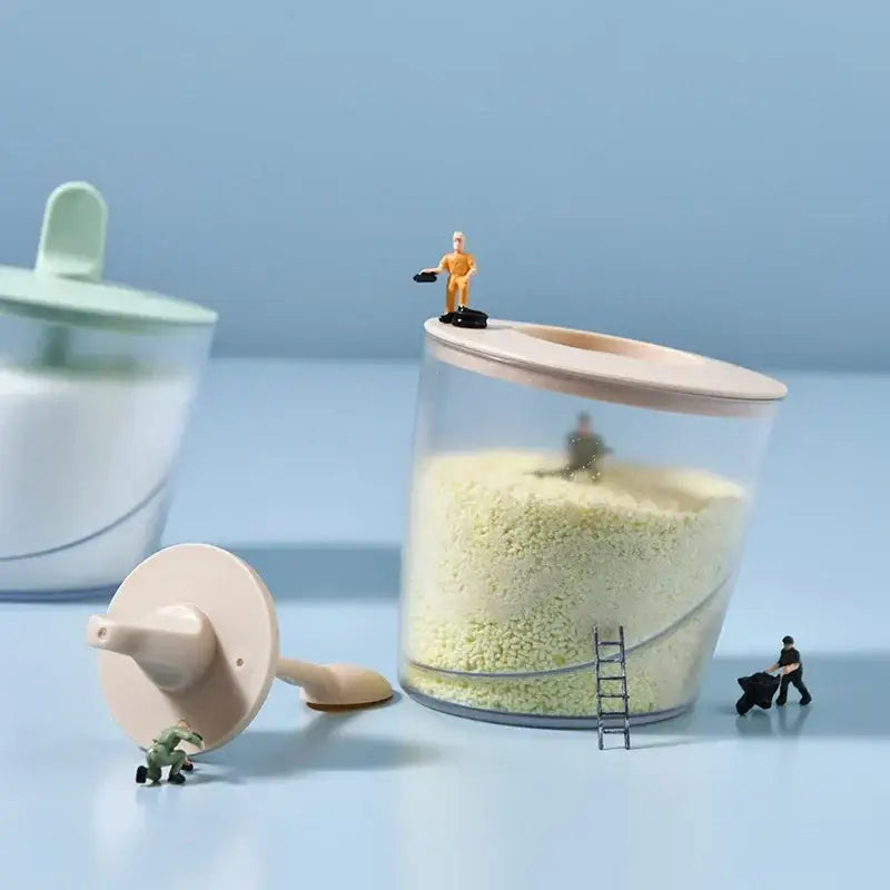 Clear plastic decorbites abs spice jar set with beige lid and matching scoop featuring miniature figurines display