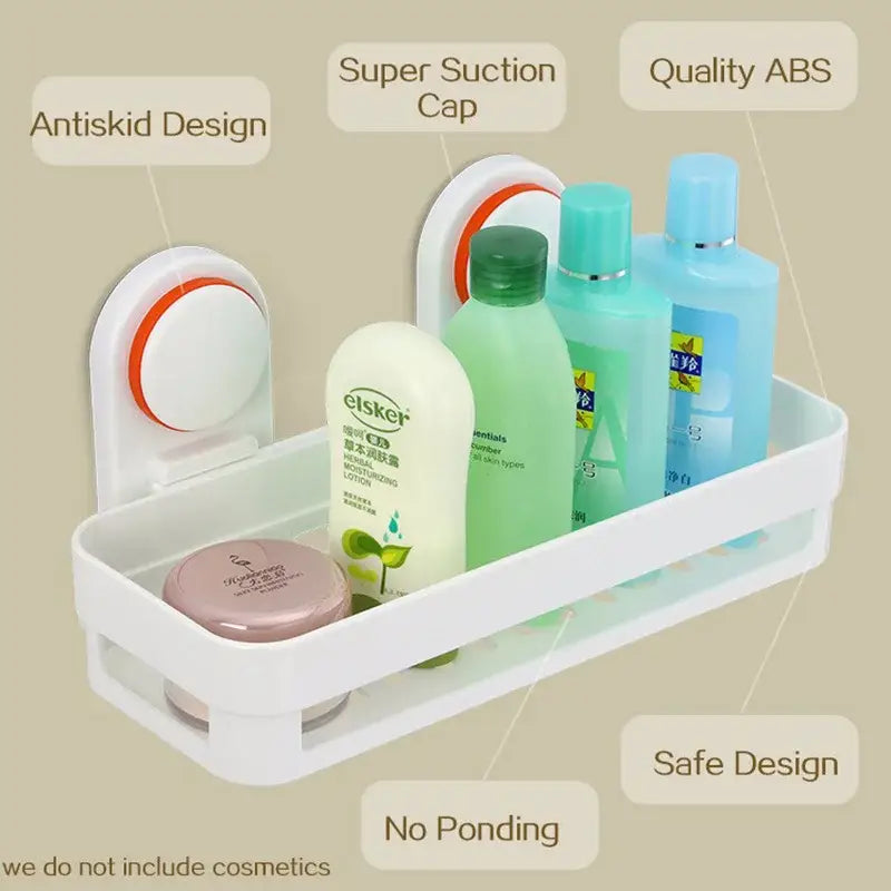 White plastic wall-mounted bathroom shelf with orange-accented decorbites abs suction cups and transparent base