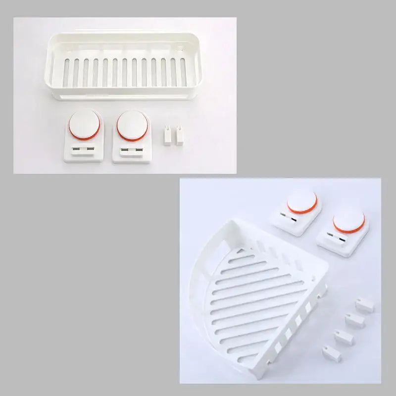 White plastic corner and rectangular shower caddy trays with red-rimmed adhesive clips for decorbites abs suction bathroom shelf