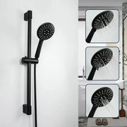 Black matte ABS3 rain shower head set by DecorBites with adjustable rod, hose, handheld nozzle, and sliding bar