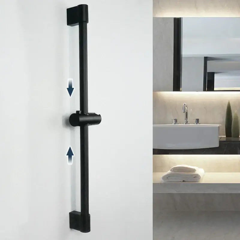 Black matte-finish sliding shower rail with adjustable height in decorbites abs3 rain shower head set for modern bathrooms
