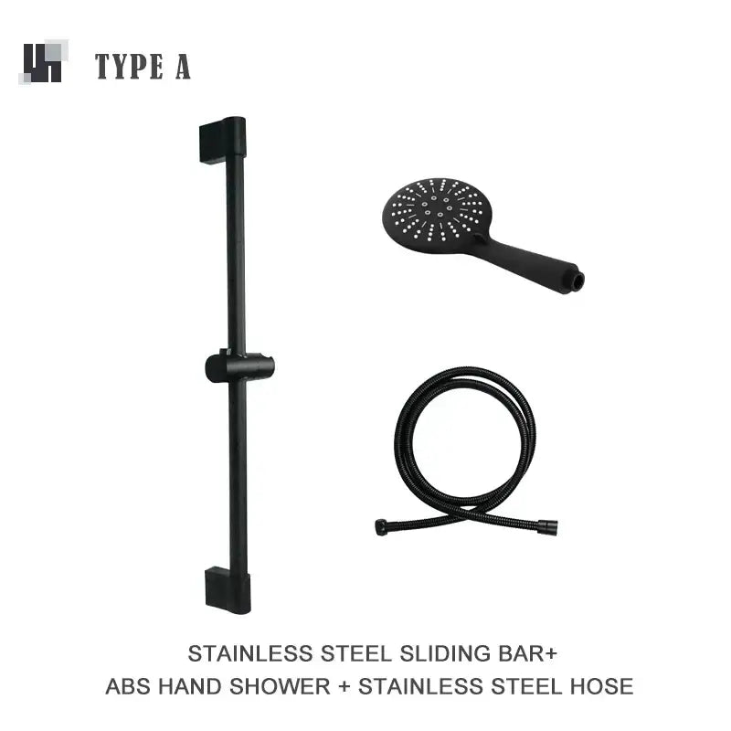 Black stainless steel sliding shower bar with matching hand shower and hose in decorbites abs3 rain shower head set