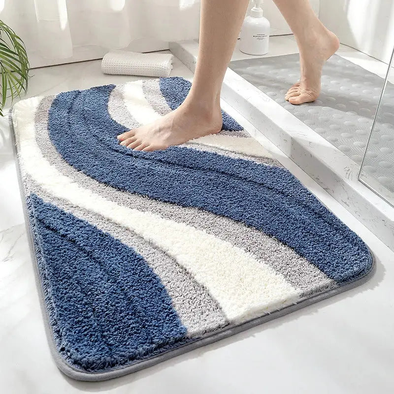 Blue gray and white striped decorbites absorbent water bathroom mat with soft textured surface and quick-drying feature