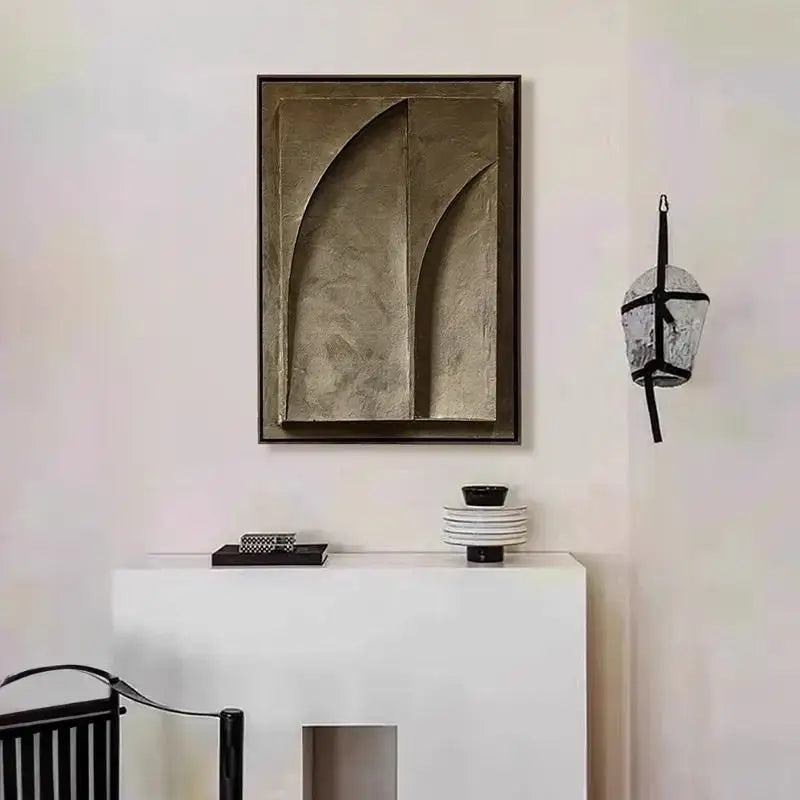 DecorBites™ abstract 3d geometry canvas prints in textured bronze with raised curves and dark wood frame for modern wall decor
