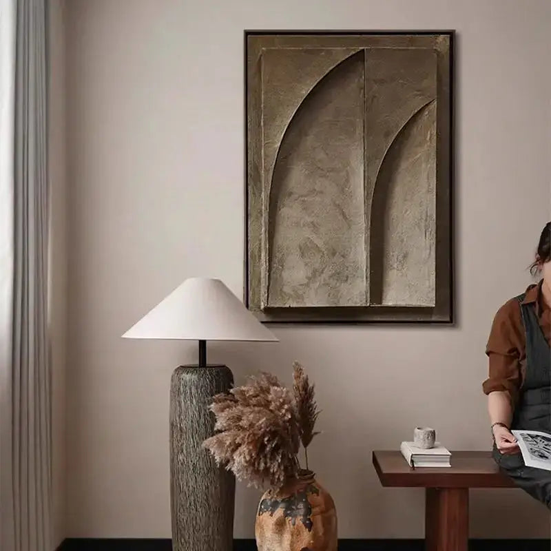Decorbites™ abstract 3d geometry canvas prints feature textured earth tones and curved recesses in a dark frame