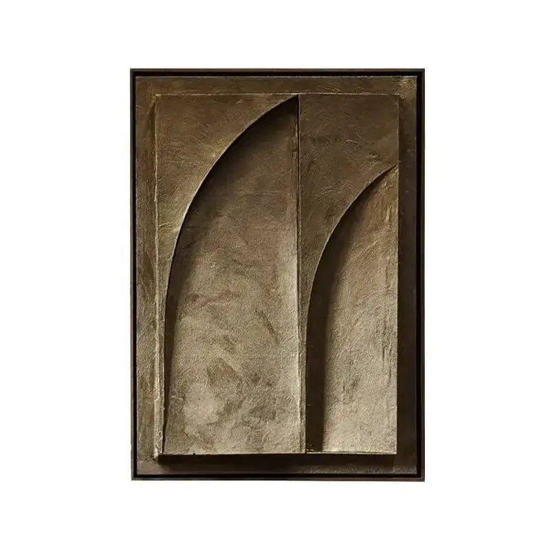 Bronze-colored abstract 3d geometry canvas prints featuring textured curved panels framed in dark wood for modern wall decor