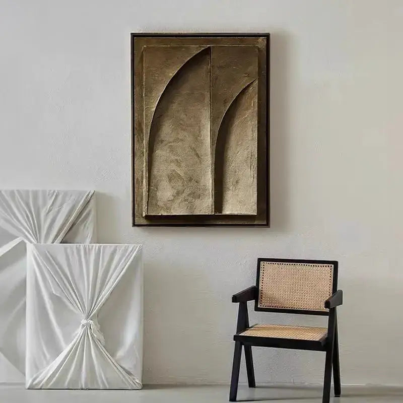A framed decorbites™ abstract 3d geometry canvas print with textured bronze surface and curved arch forms