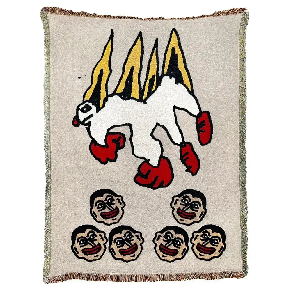 Beige woven decorbites abstract aesthetic tapestry sofa blanket featuring a stylized creature with colorful spines and smiling faces