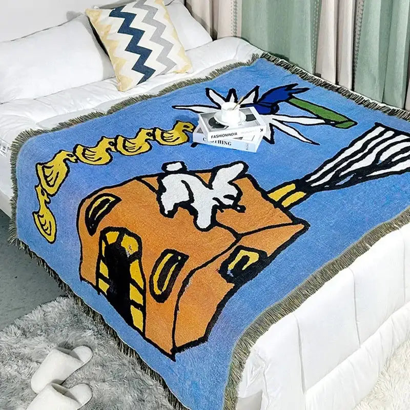 Blue decorbites abstract aesthetic tapestry sofa blanket with cartoon castle yellow ducks and white dog on orange base