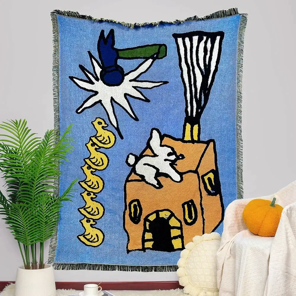 Blue woven decorbites abstract aesthetic tapestry sofa blanket with embroidered cartoon characters and vibrant designs