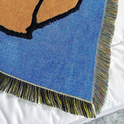 Decorbites abstract aesthetic blue woven blanket with cartoon orange black design and multicolored fringe edges for sofa