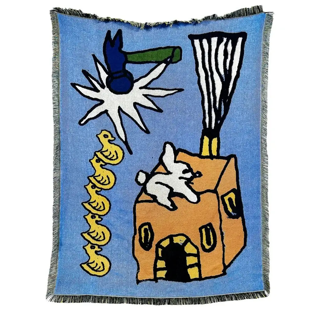 Blue woven decorbites abstract aesthetic tapestry sofa blanket with fringed edges and whimsical cartoon design