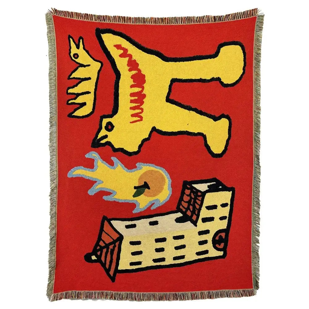 DecorBites abstract aesthetic tapestry sofa blanket in red with bold yellow and beige figures and textured fringe edges
