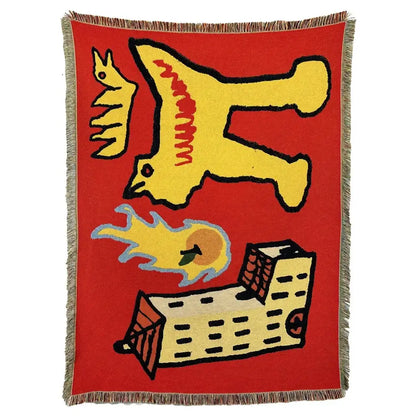 DecorBites abstract aesthetic tapestry sofa blanket in red with bold yellow and beige figures and textured fringe edges