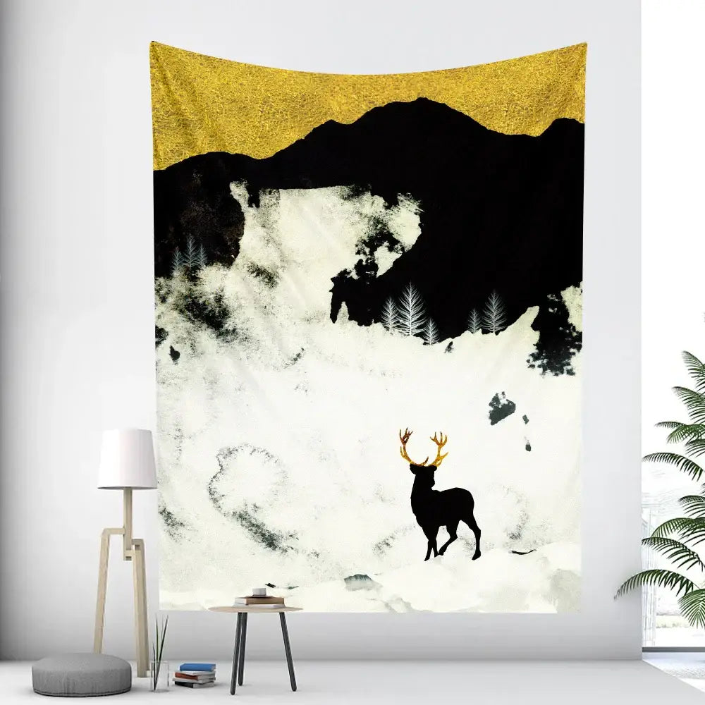 Decorbites abstract animal black and gold deer silhouette tapestry with snowy mountain landscape for wall hanging