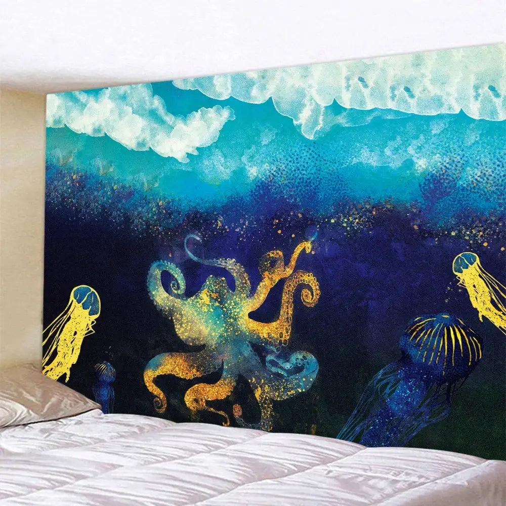 Decorbites abstract animal tapestry wall hanging featuring a glowing golden octopus and luminous jellyfish on deep blue waves