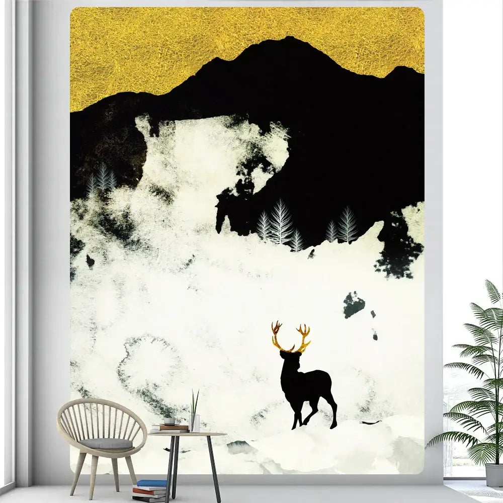 Decorbites abstract animal tapestry wall hanging featuring black silhouette deer with golden antlers on gold mountain