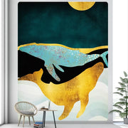 Stunning decorbites abstract animal tapestry wall hanging featuring a turquoise and gold whale design with golden sun
