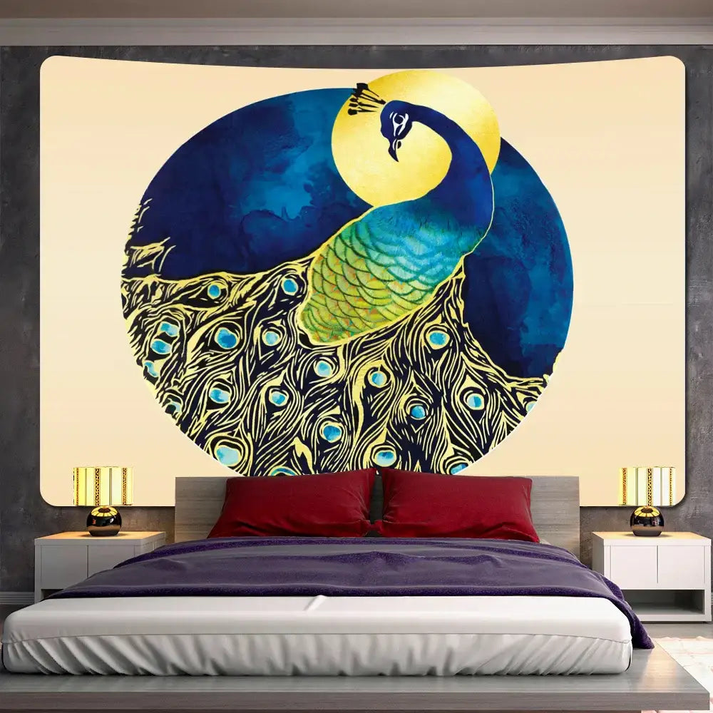 DecorBites™ abstract animal tapestry featuring vibrant blue and green peacock design for bohemian home décor