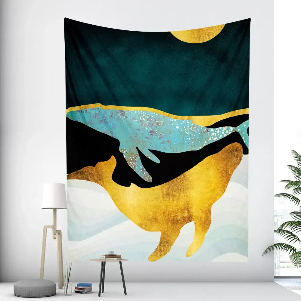Decorbites abstract animal tapestry wall hanging featuring gold and black whale silhouettes on teal gradient background