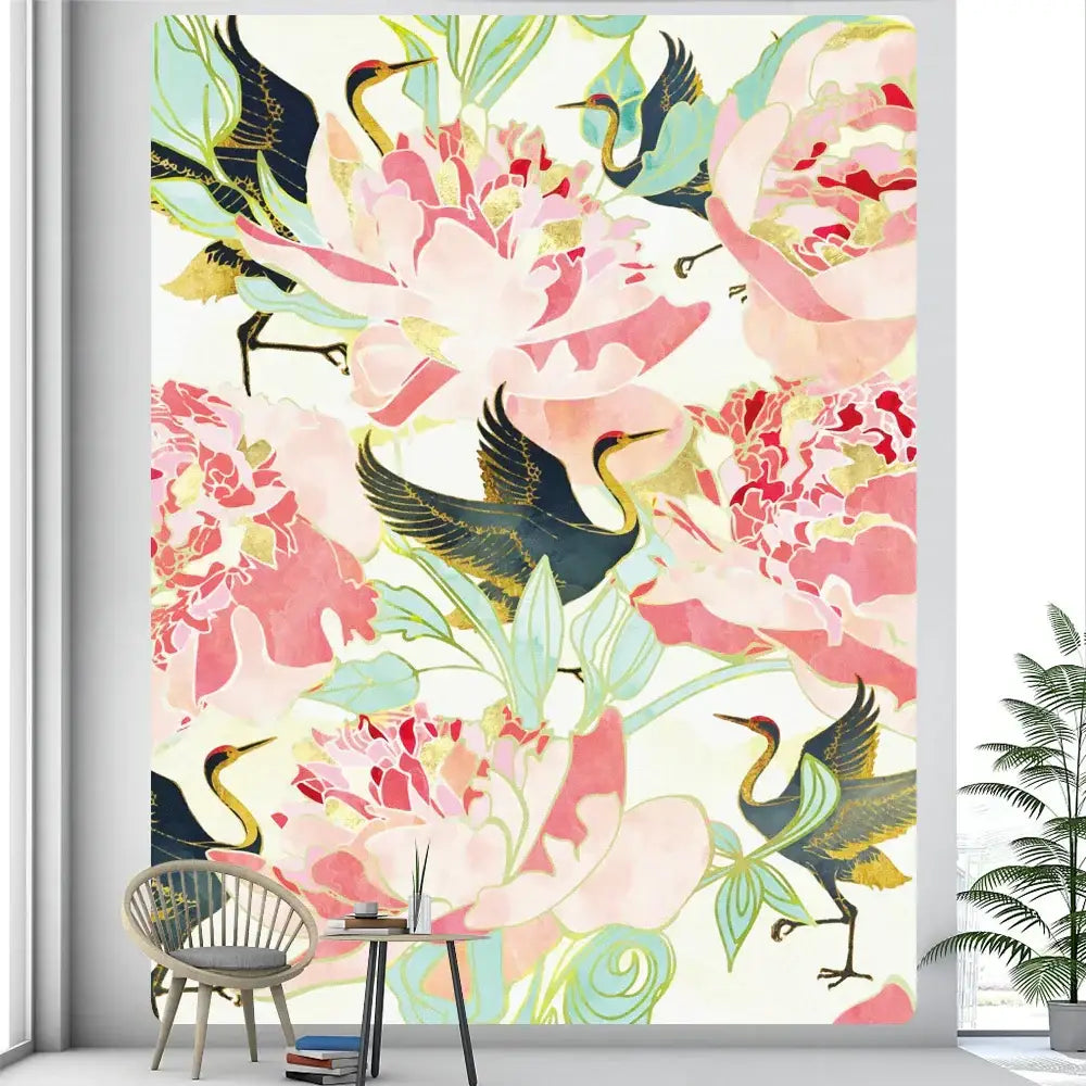 DecorBites abstract animal tapestry wall hanging featuring vibrant pink peonies and black yellow cranes on cream background