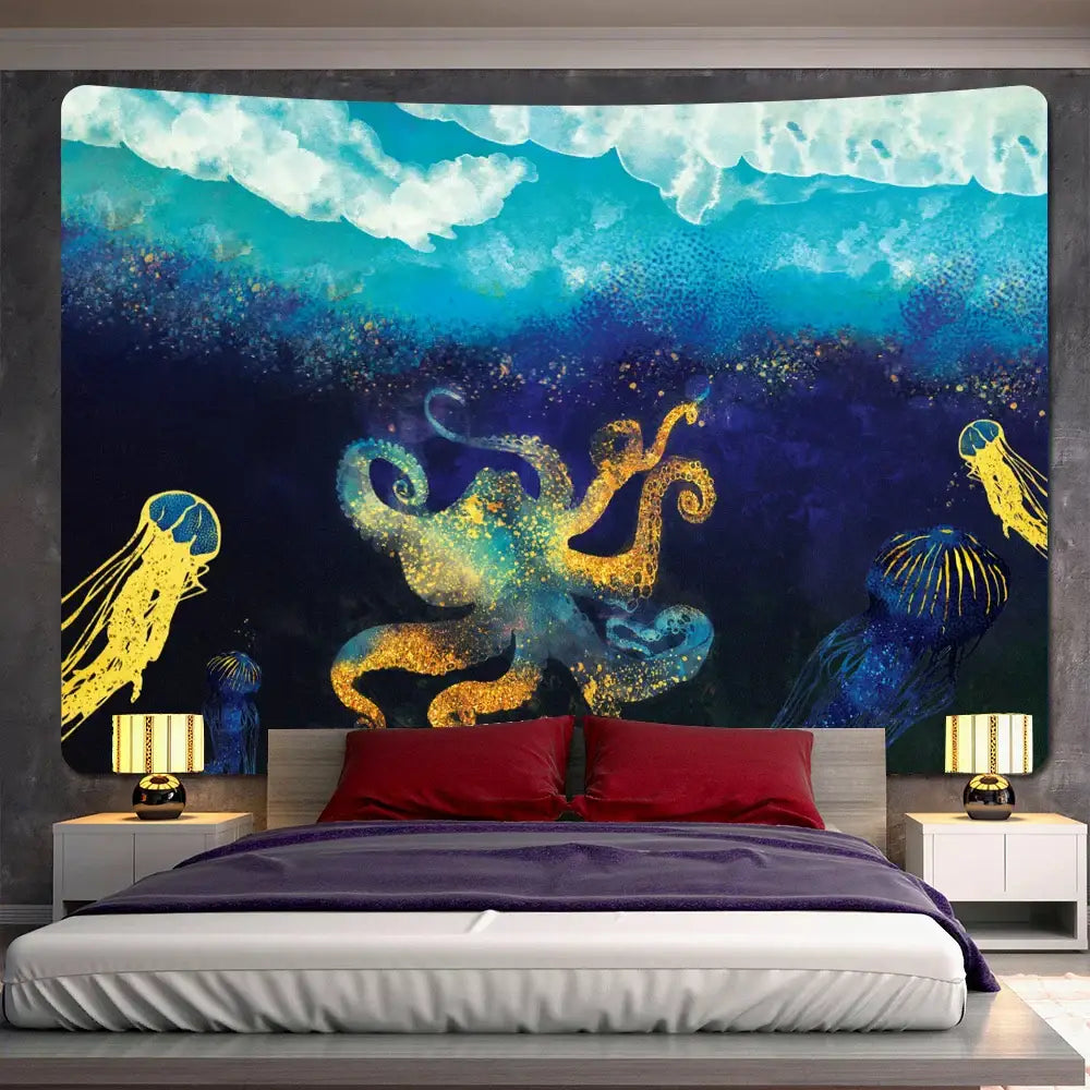 DecorBites abstract animal tapestry wall hanging featuring a glowing golden octopus and jellyfish on deep blue waves