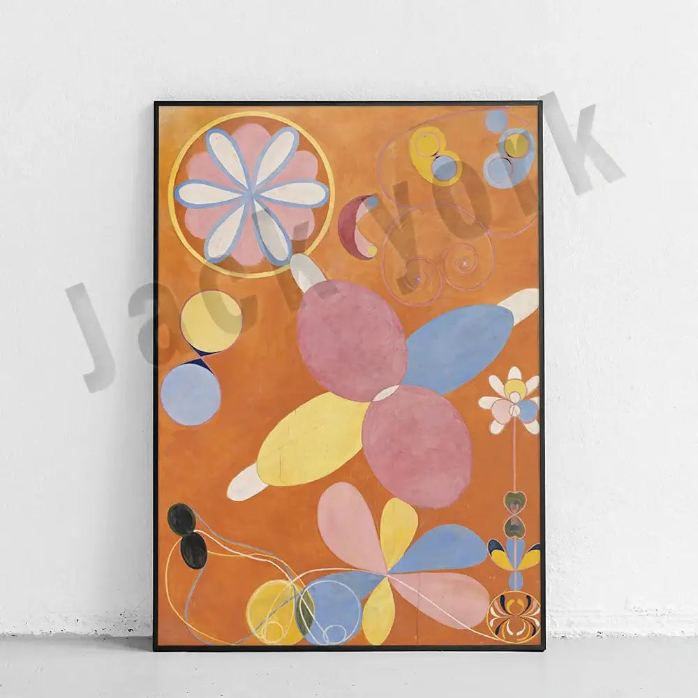 Decorbites abstract art canvas wall print featuring vibrant stylized flowers and geometric shapes in warm ochre tones