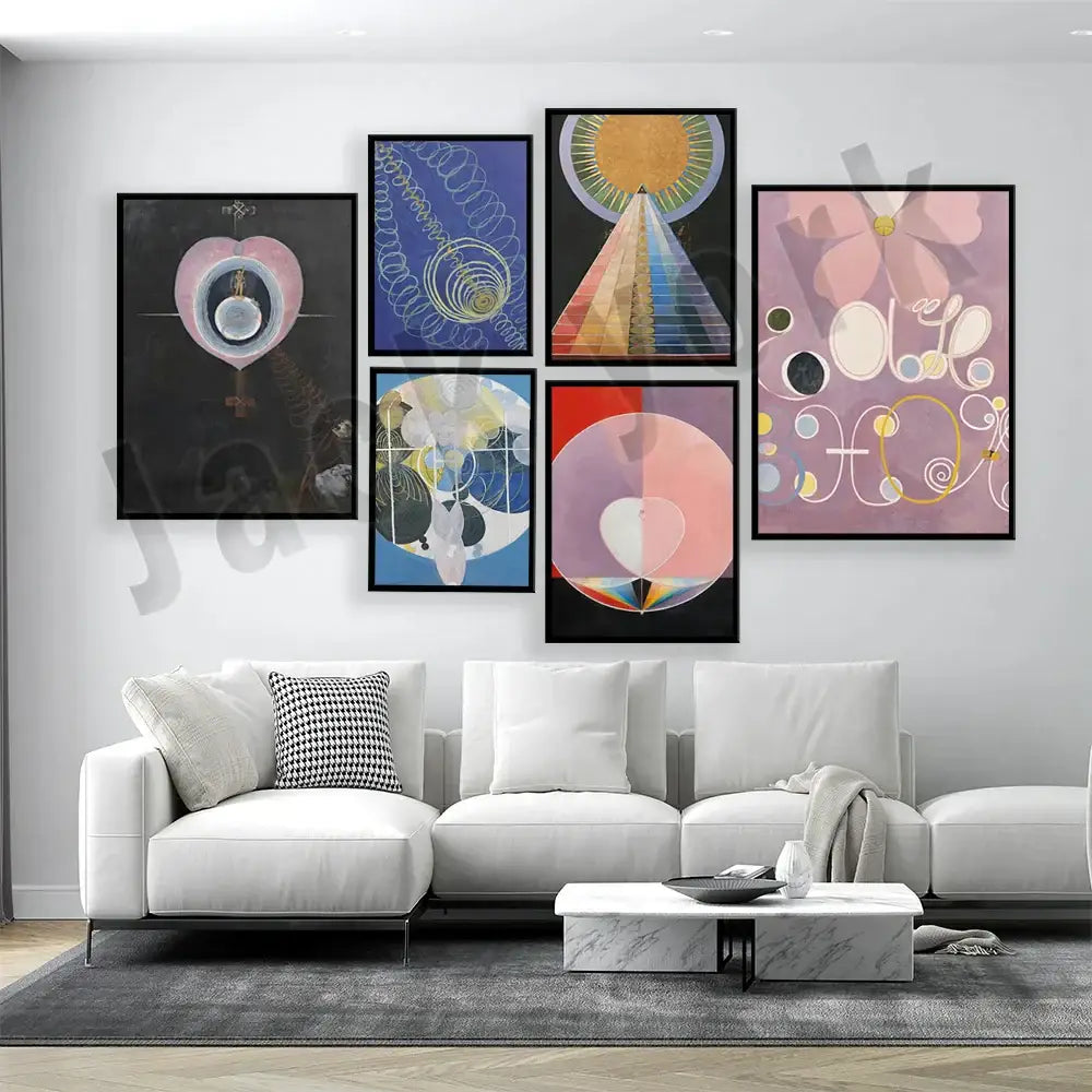 Set of six decorbites abstract art canvas prints with vibrant geometric and organic shapes in black frames for wall decor