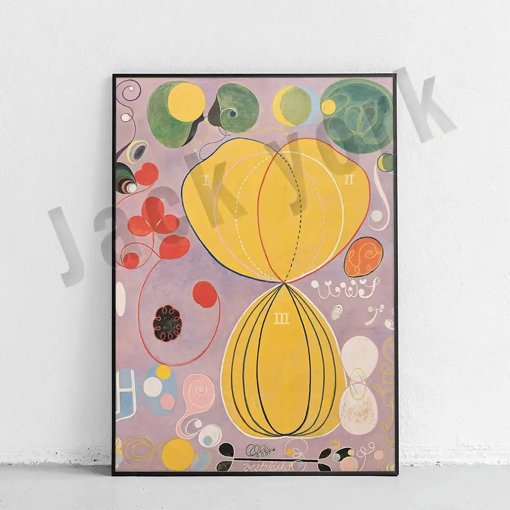 A decorbites abstract art canvas wall print featuring vibrant yellow green red and orange circles on lavender background