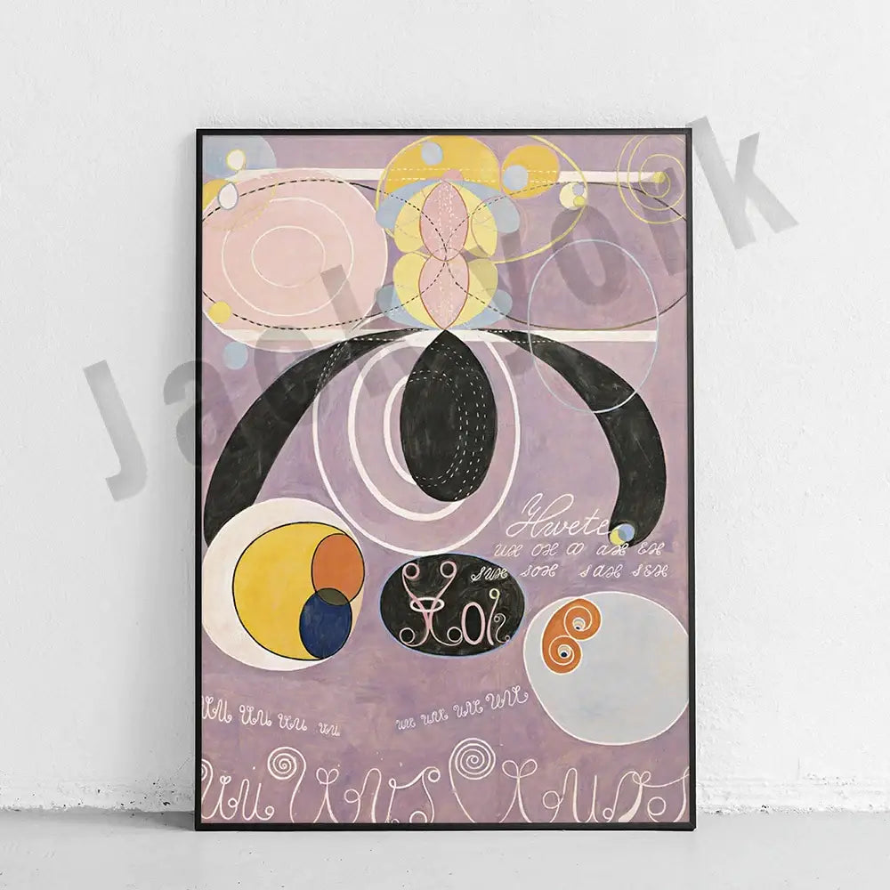 A decorbites abstract art canvas wall print featuring swirling pastel purples yellows and blacks with white outlines