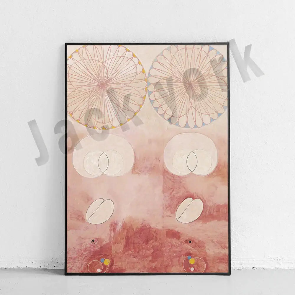 A framed decorbites abstract art canvas wall print featuring circular patterns on a soft pink and beige background
