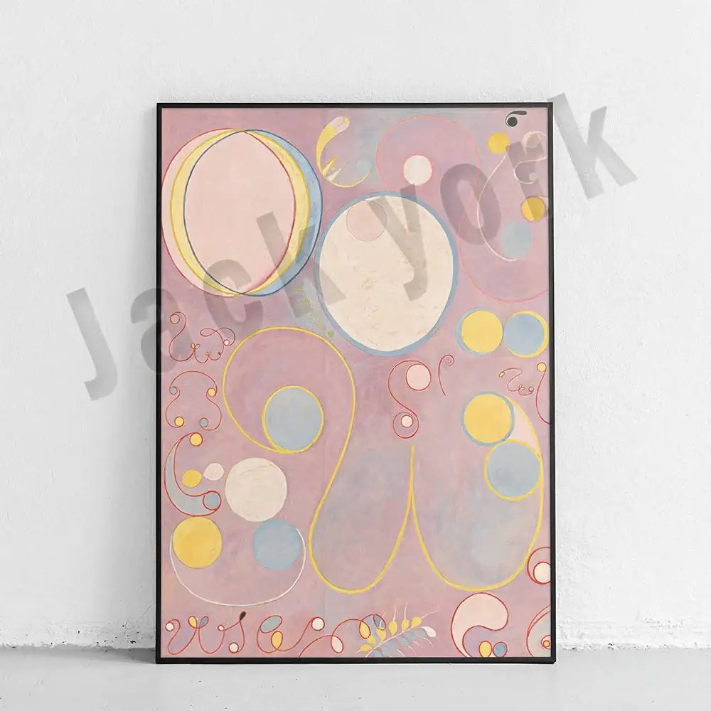 Decorbites abstract art canvas wall print featuring pastel pink and soft yellow overlapping circles in a black frame