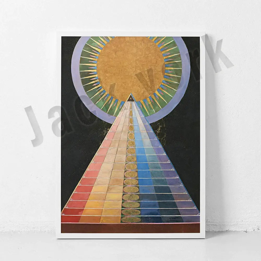 A decorbites abstract art canvas wall print features a golden sun above a colorful geometric pyramid with gold accents