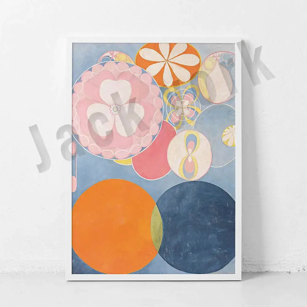 Framed decorbites abstract art canvas wall print featuring pastel circular floral patterns on textured blue background