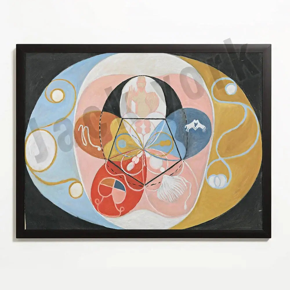 Decorbites abstract art canvas wall print featuring swirling pastel geometric and organic shapes in a black frame