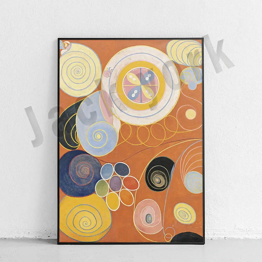 Decorbites abstract art canvas wall print featuring swirling circles and bold geometric shapes in vibrant hues on terracotta