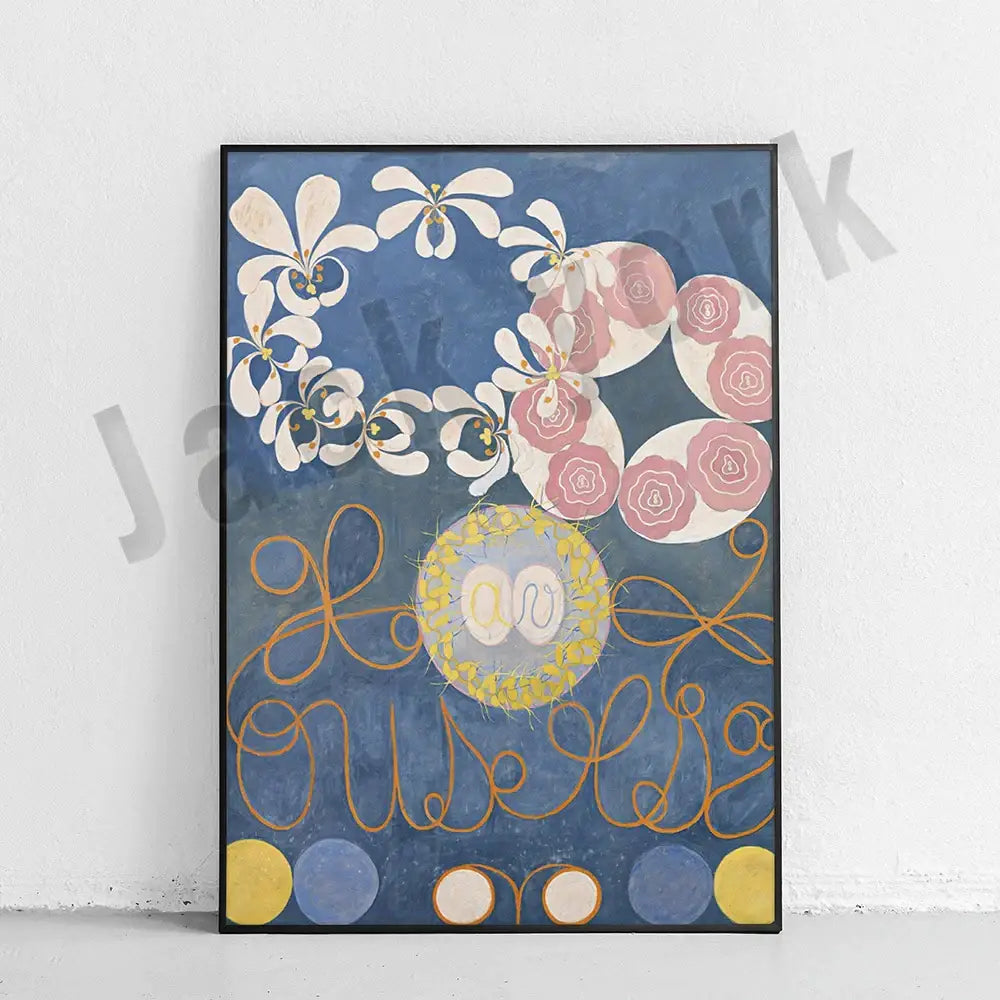 Framed decorbites abstract art canvas wall print with white and pink floral motifs on deep blue background with gold accents