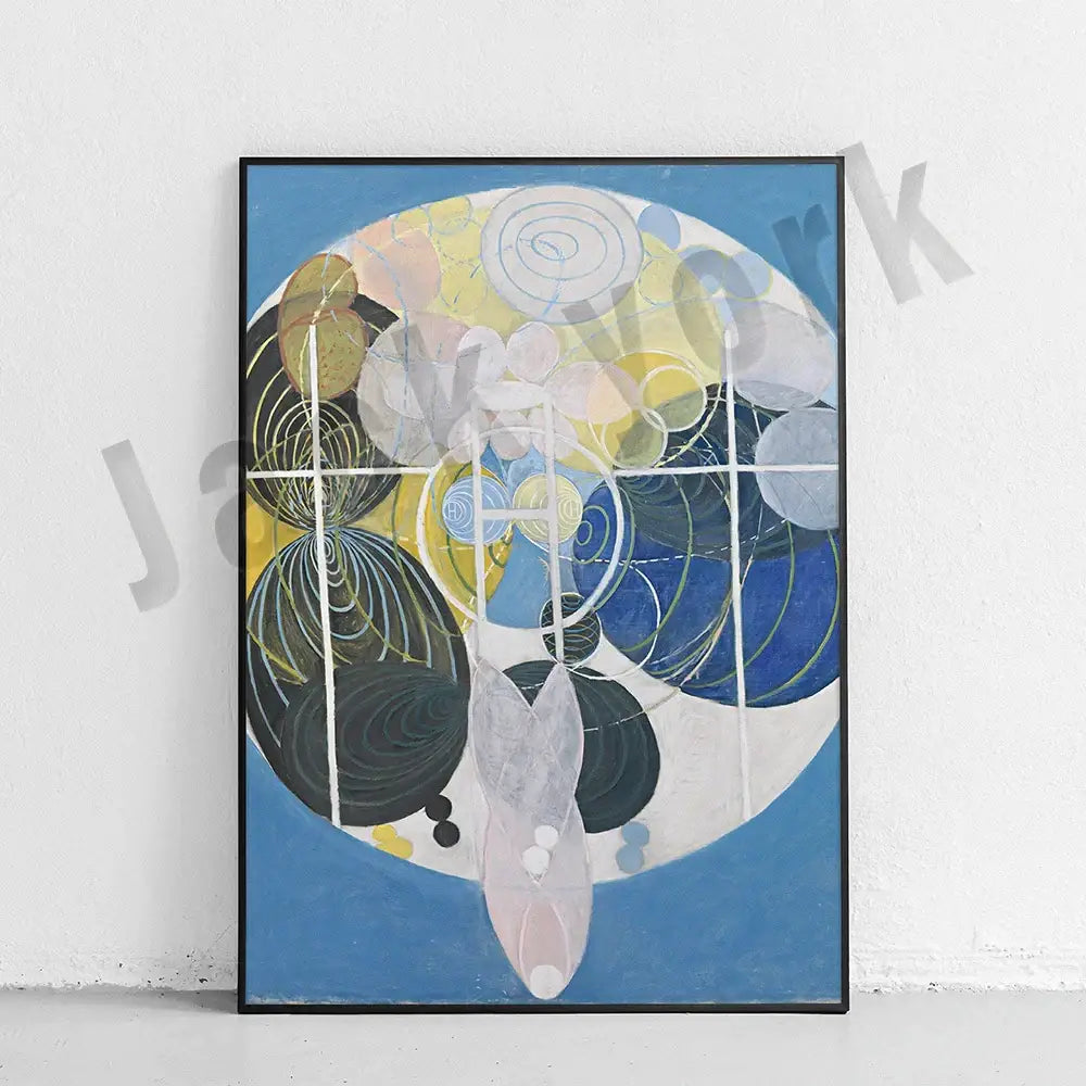 Decorbites abstract art canvas wall print featuring swirling circles and geometric shapes in blue yellow green white and pink