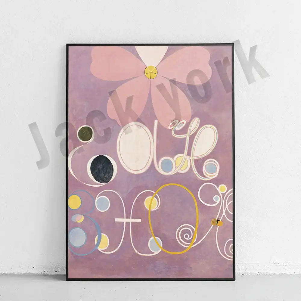 Framed decorbites abstract art canvas wall print featuring a stylized pink flower on lavender for home decor