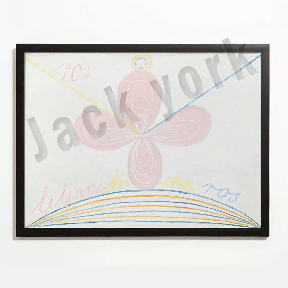 Framed decorbites abstract art canvas wall print featuring a pink flower with colorful curved strokes on white background